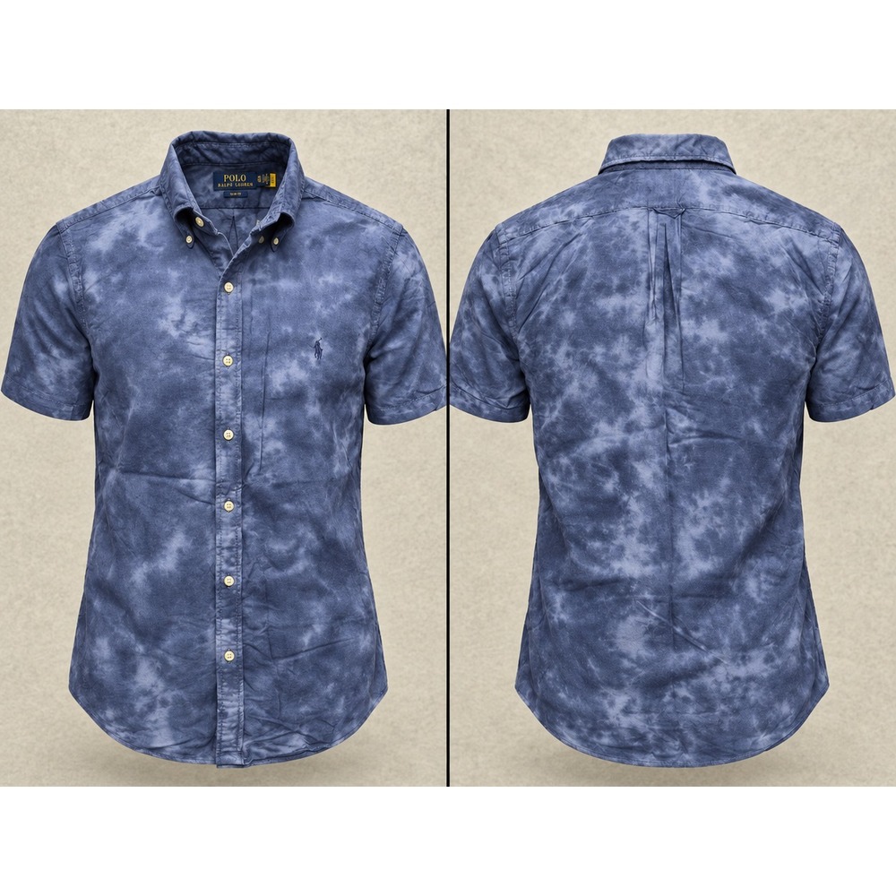 Polo Ralph Lauren Shirt Mens XL Slim Fit Short Sleeve Blue Tie Dye Cloud AOP